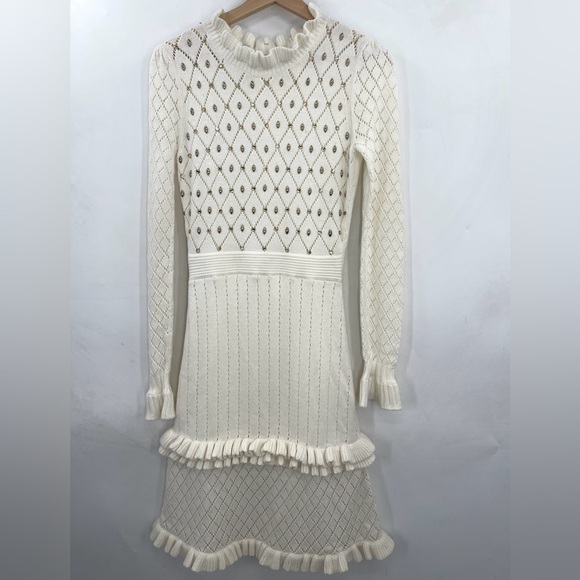 Manoush Embellished Ruffle Knit Midi Dress Long Sleeve Ivory Knit Dress Medium - Picture 9 of 9